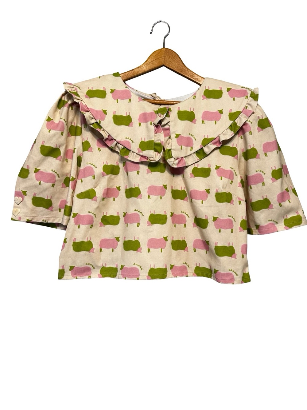 NWT Lisa Says Gah Sheep Print Short Sleeve Shirt 2XL Peter Pan Collar Pink Green - Picture 2 of 16